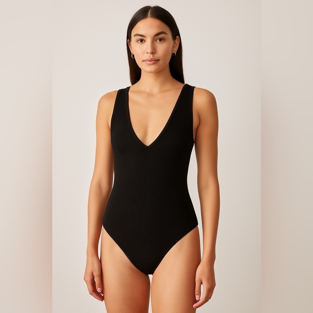 Out From Under by Urban Outfitters Black Ribbed V-Neck Bodysuit - Size M